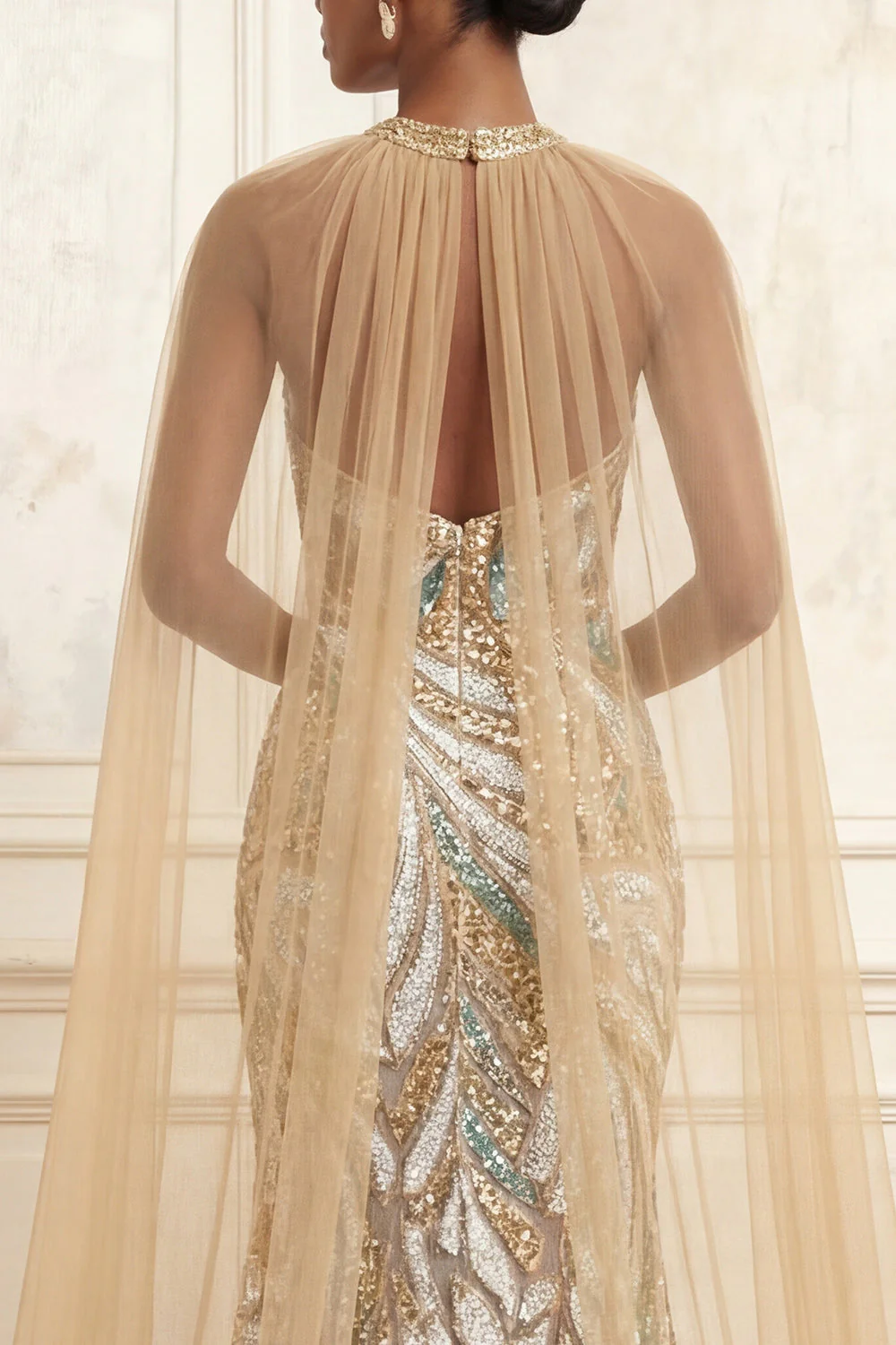 Robe de bal longue à col nu en champagne sirène scintillante à col nu et paillettes - Image 6