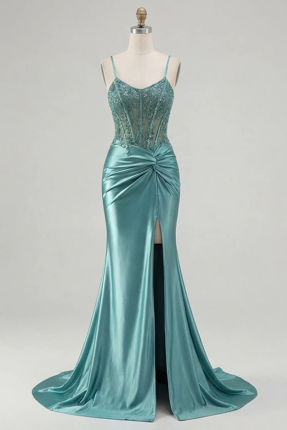 Robe de bal longue à corset sirène bleue appliquée avec fente - Image 5