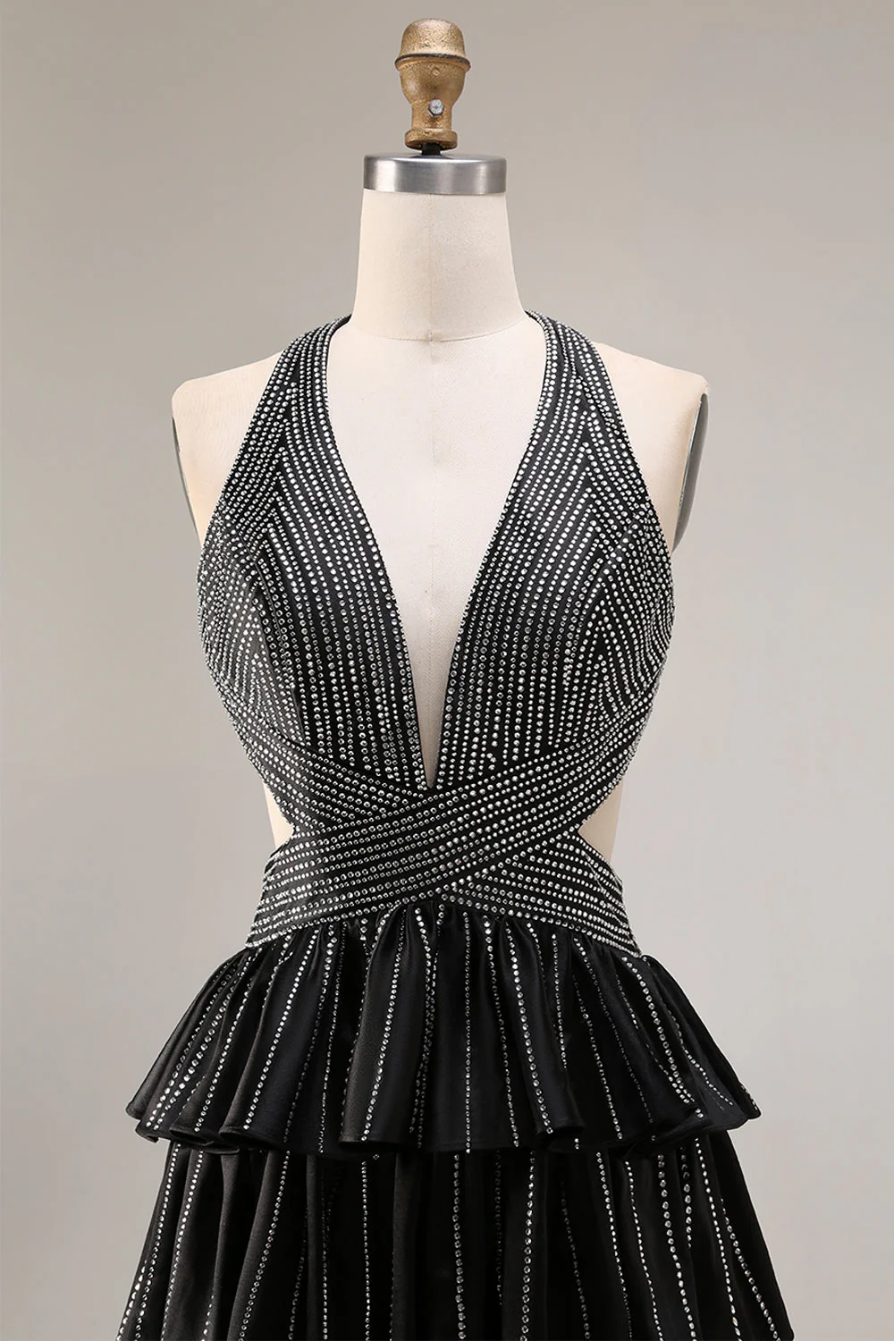 Robe de bal longue à dos ouvert à dos nu, à niveaux noirs à niveaux, file. - Image 4