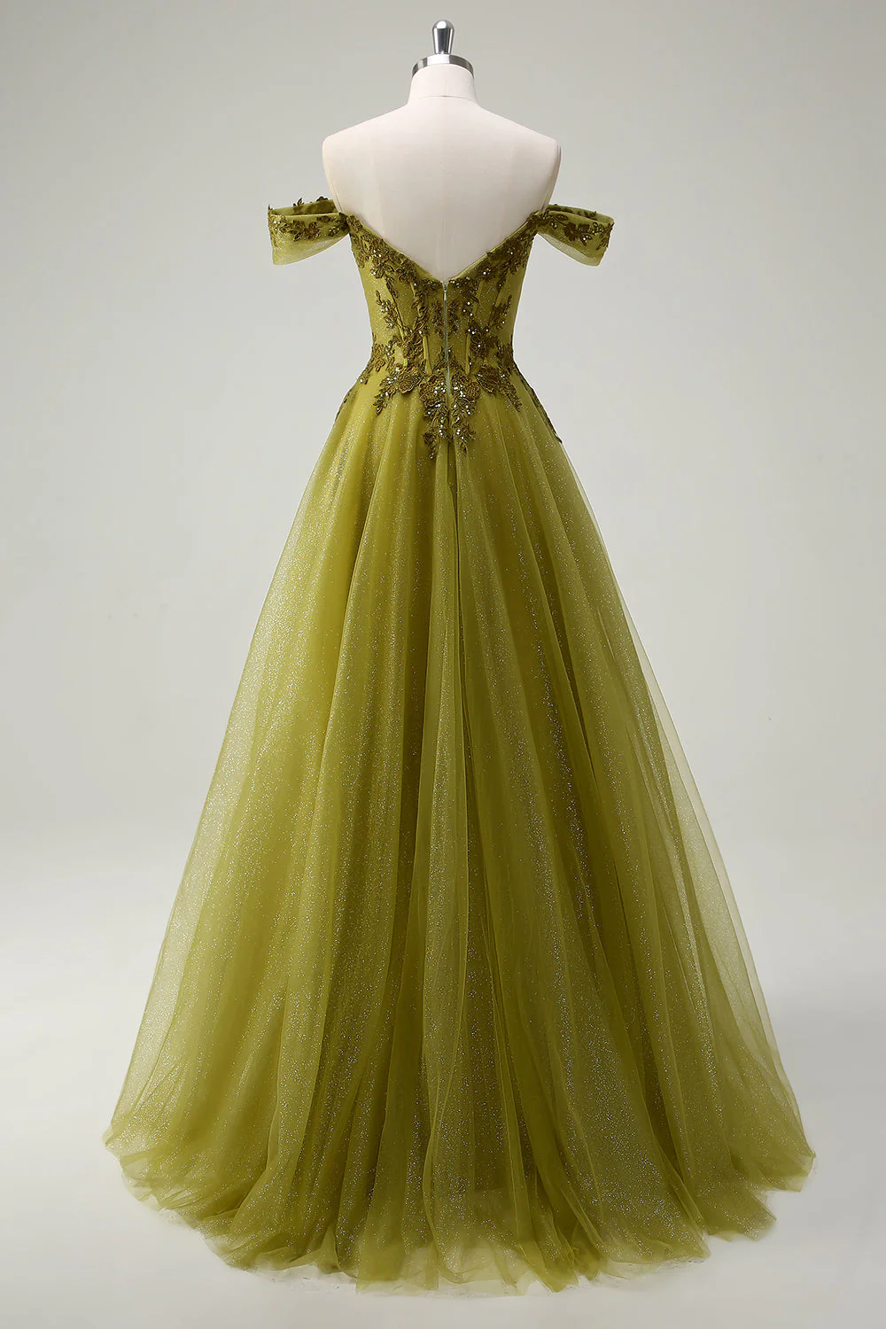 Robe de bal longue à épaules dénudées vert armée trapèze avec fente - Image 2