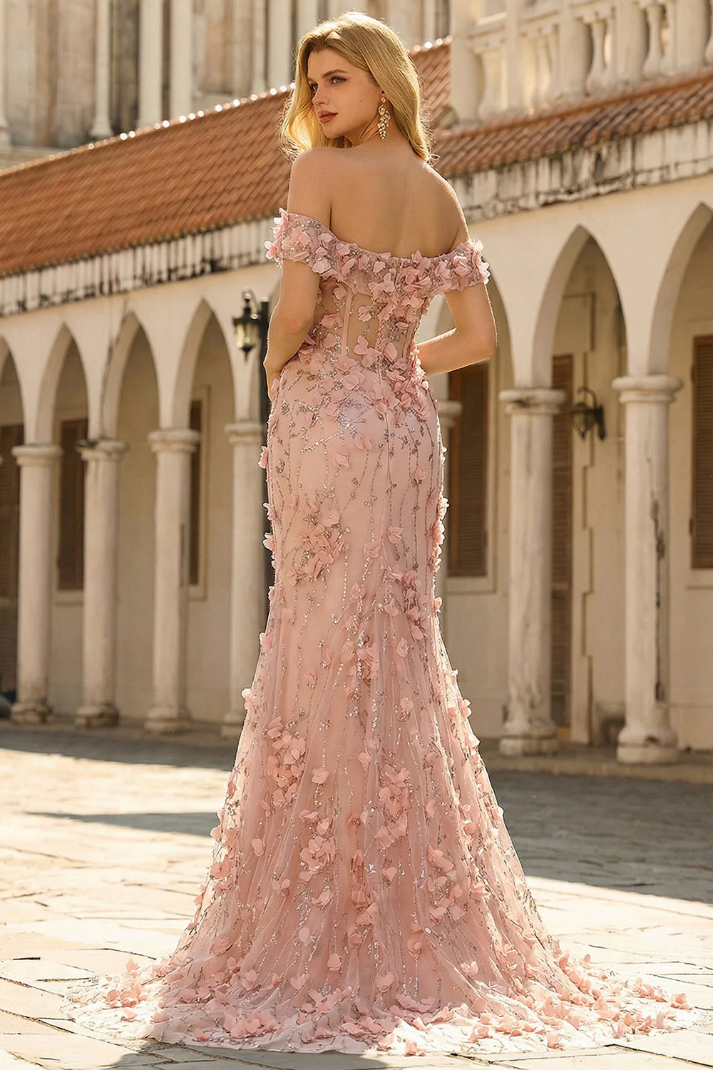 Robe de bal longue à fentes de promo sirène dénudée, fête latérale et fleurs 3D - Image 2