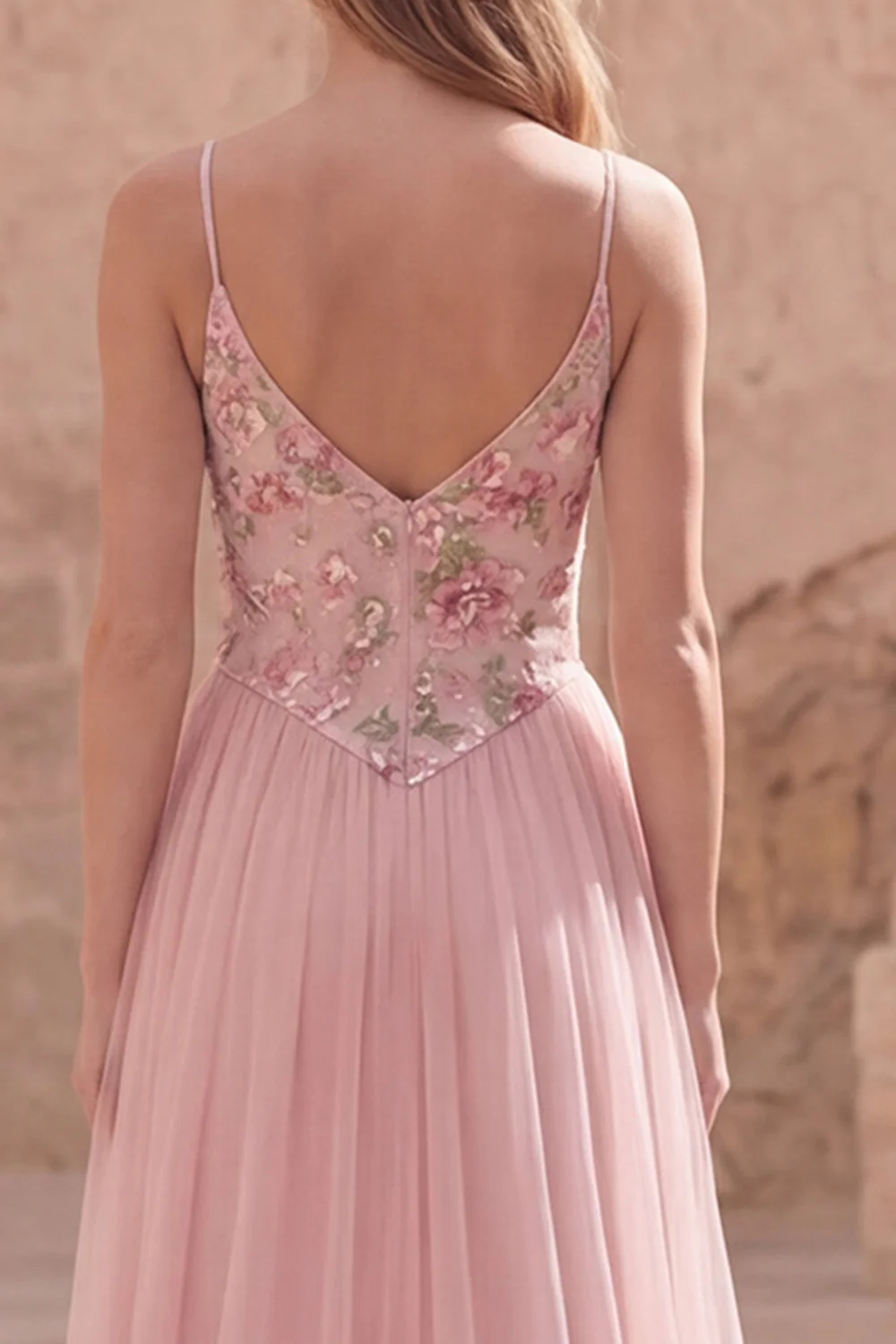 Robe de bal longue à fines bretelles en ligne rose à fleurs A - Image 5