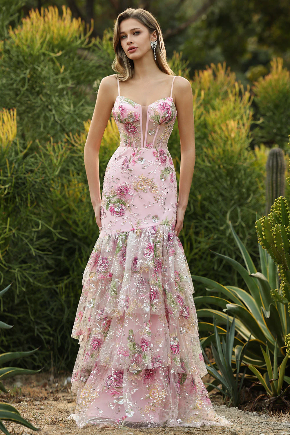 Robe de bal longue à fleurs à volants en paillettes, sirène rose avec fente