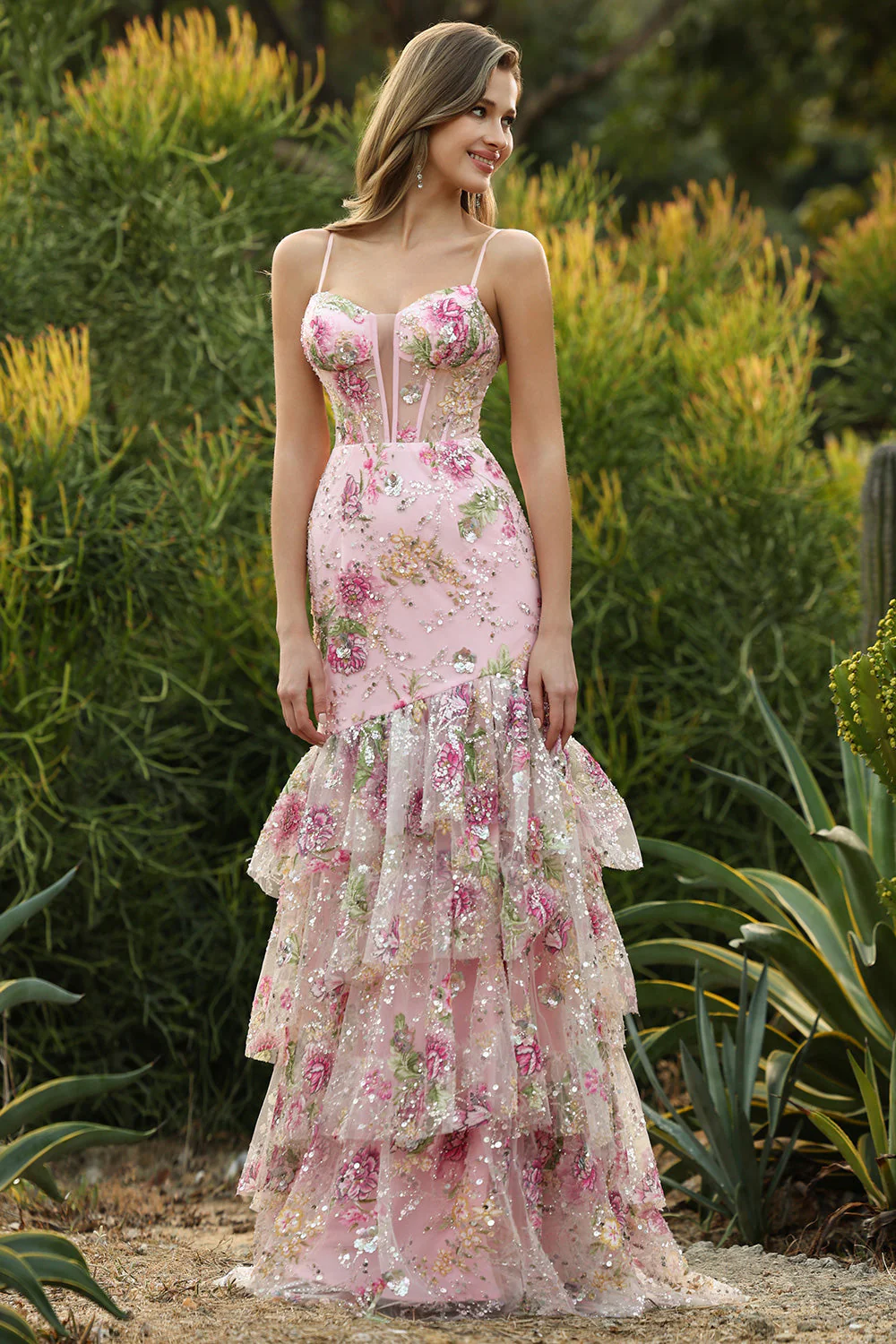 Robe de bal longue à fleurs à volants en paillettes, sirène rose avec fente - Image 6