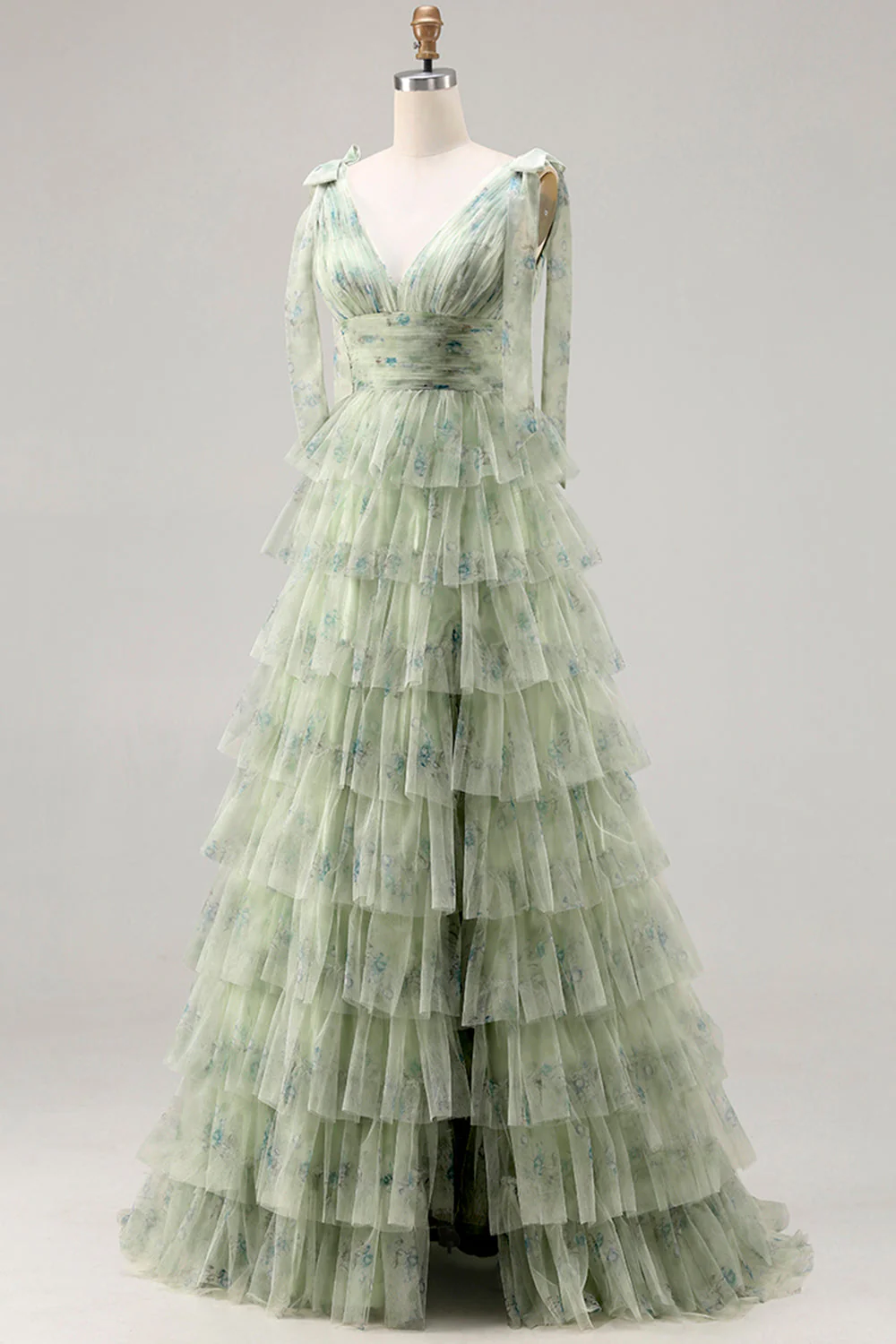 Robe de bal longue à fleurs à volants verts à volants en A avec fente - Image 3