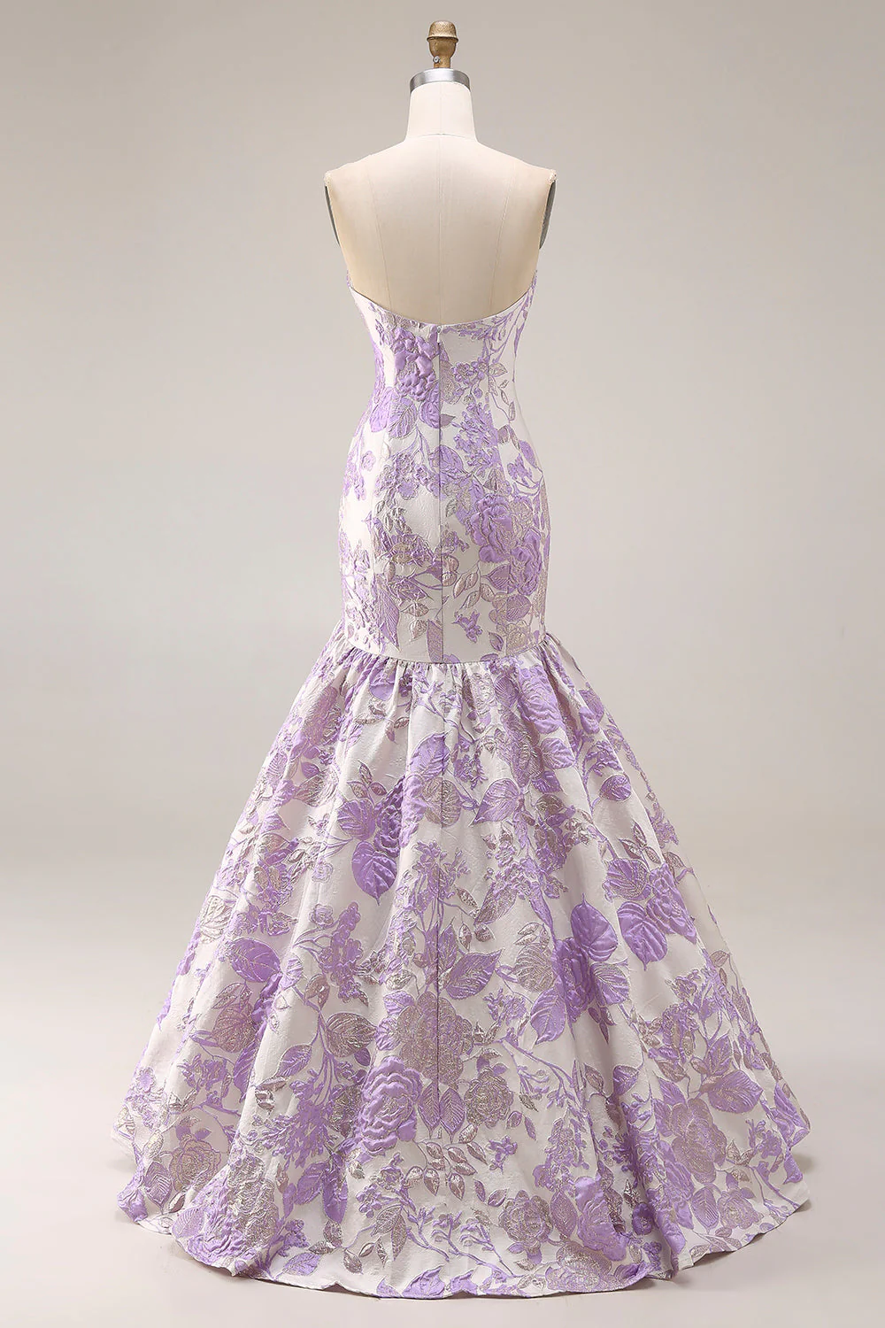 Robe de bal longue à fleurs en brocart en satin sirène sirène sans bustier, lilas jacquard - Image 2