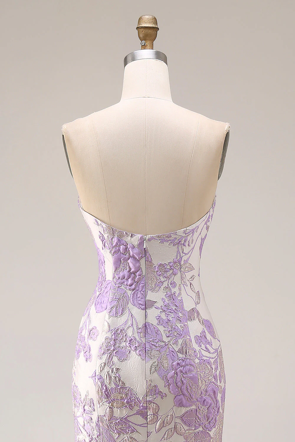 Robe de bal longue à fleurs en brocart en satin sirène sirène sans bustier, lilas jacquard - Image 5
