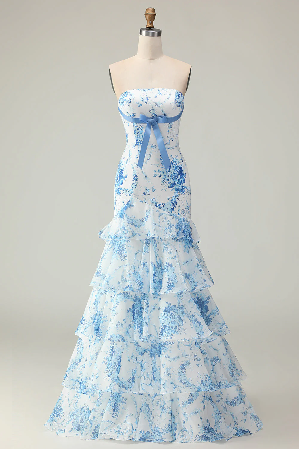 Robe De Soirée longue à imprimé étagé blanc fleur bleue sirène sans bretelles avec volants
