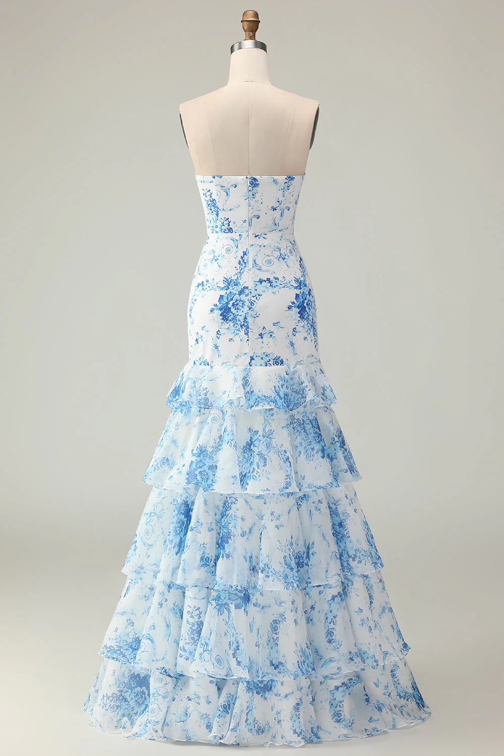 Robe De Soirée longue à imprimé étagé blanc fleur bleue sirène sans bretelles avec volants - Image 2