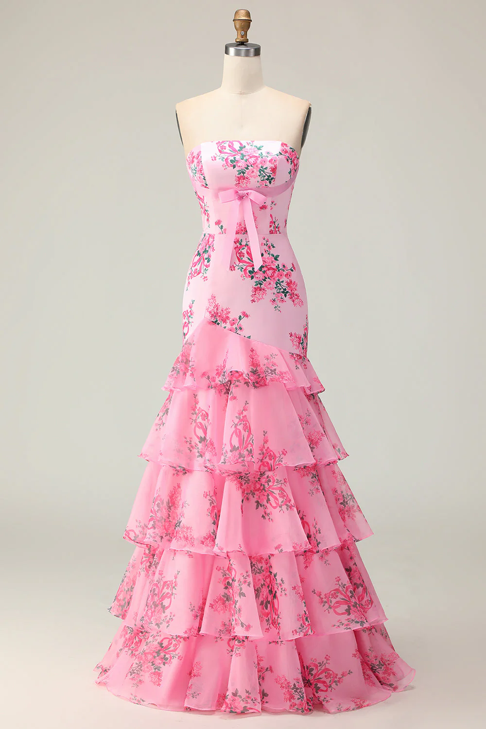 Robe De Soirée longue à imprimé étagé blanc fleur bleue sirène sans bretelles avec volants - Image 7