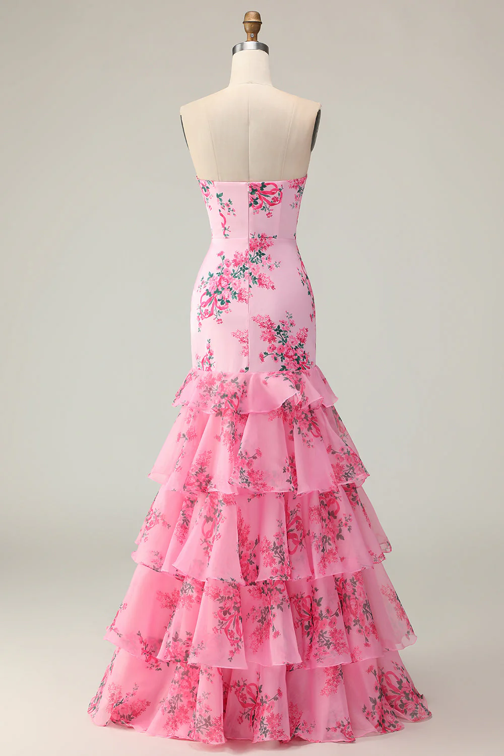 Robe De Soirée longue à imprimé étagé blanc fleur bleue sirène sans bretelles avec volants - Image 8