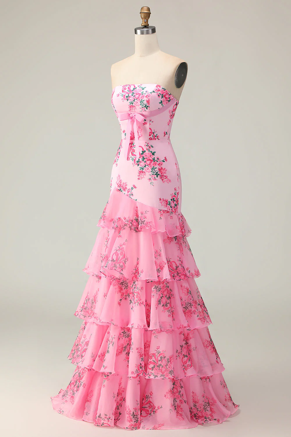 Robe De Soirée longue à imprimé étagé blanc fleur bleue sirène sans bretelles avec volants - Image 9