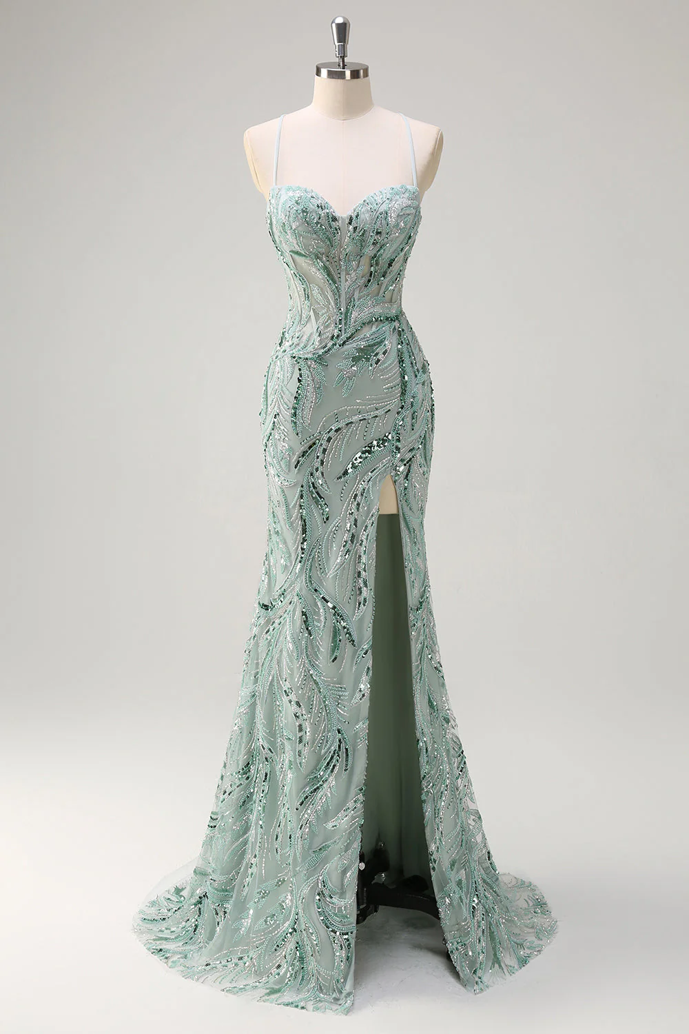 Robe de soirée sirène longue sauge scintillante à paillettes avec bretelles spaghetti et fente