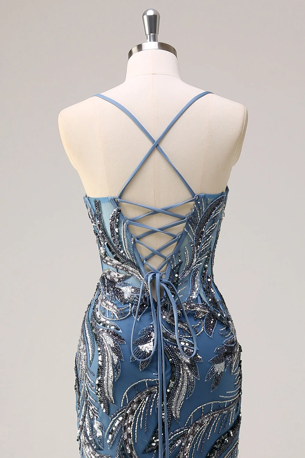 Robe de soirée sirène longue sauge scintillante à paillettes avec bretelles spaghetti et fente - Image 11