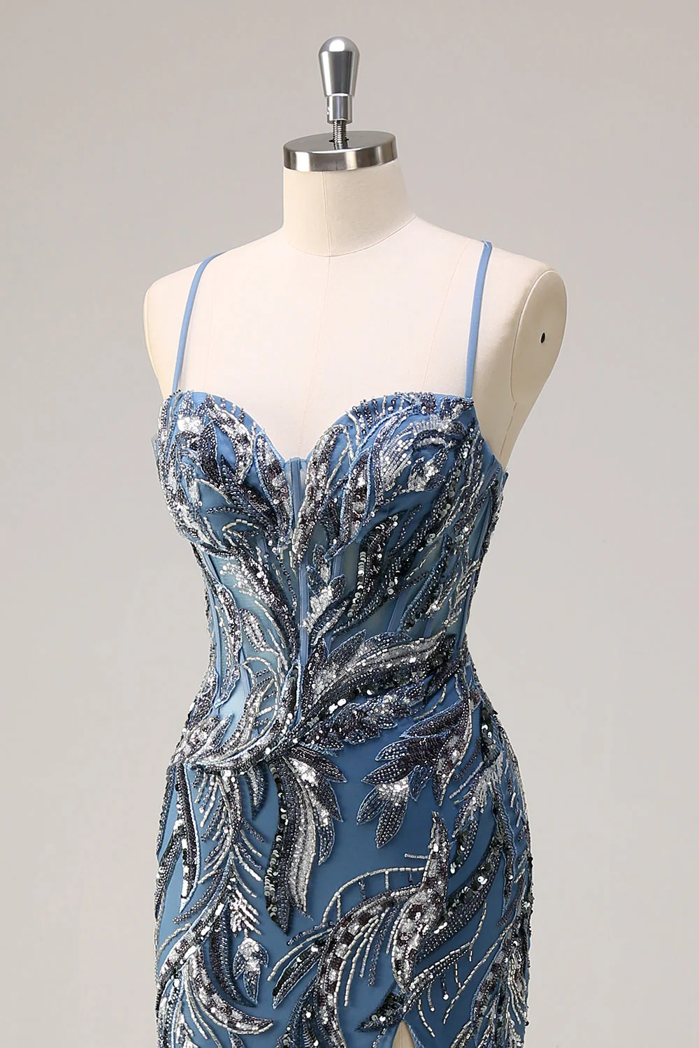 Robe de soirée sirène longue sauge scintillante à paillettes avec bretelles spaghetti et fente - Image 12