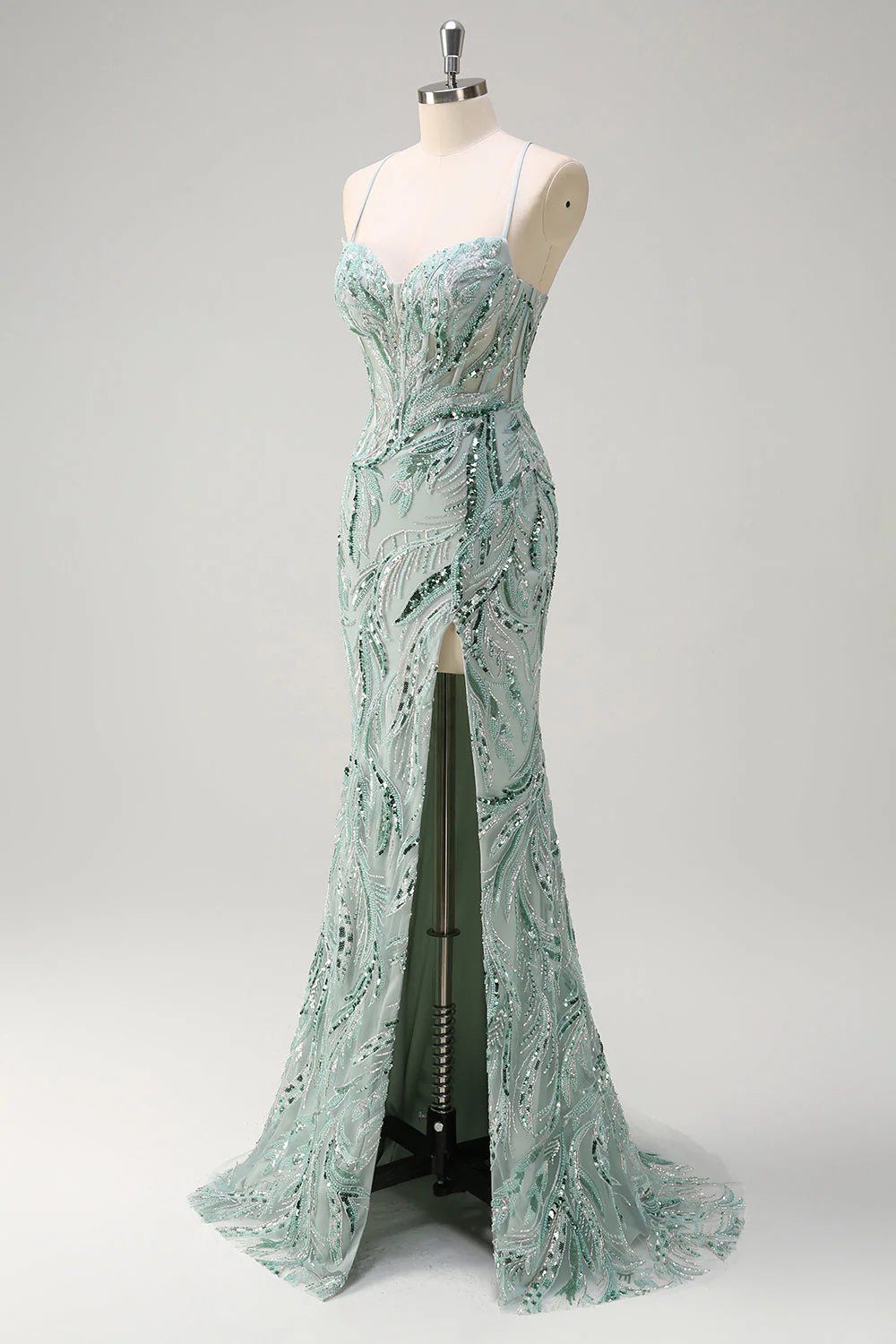 Robe de soirée sirène longue sauge scintillante à paillettes avec bretelles spaghetti et fente - Image 3