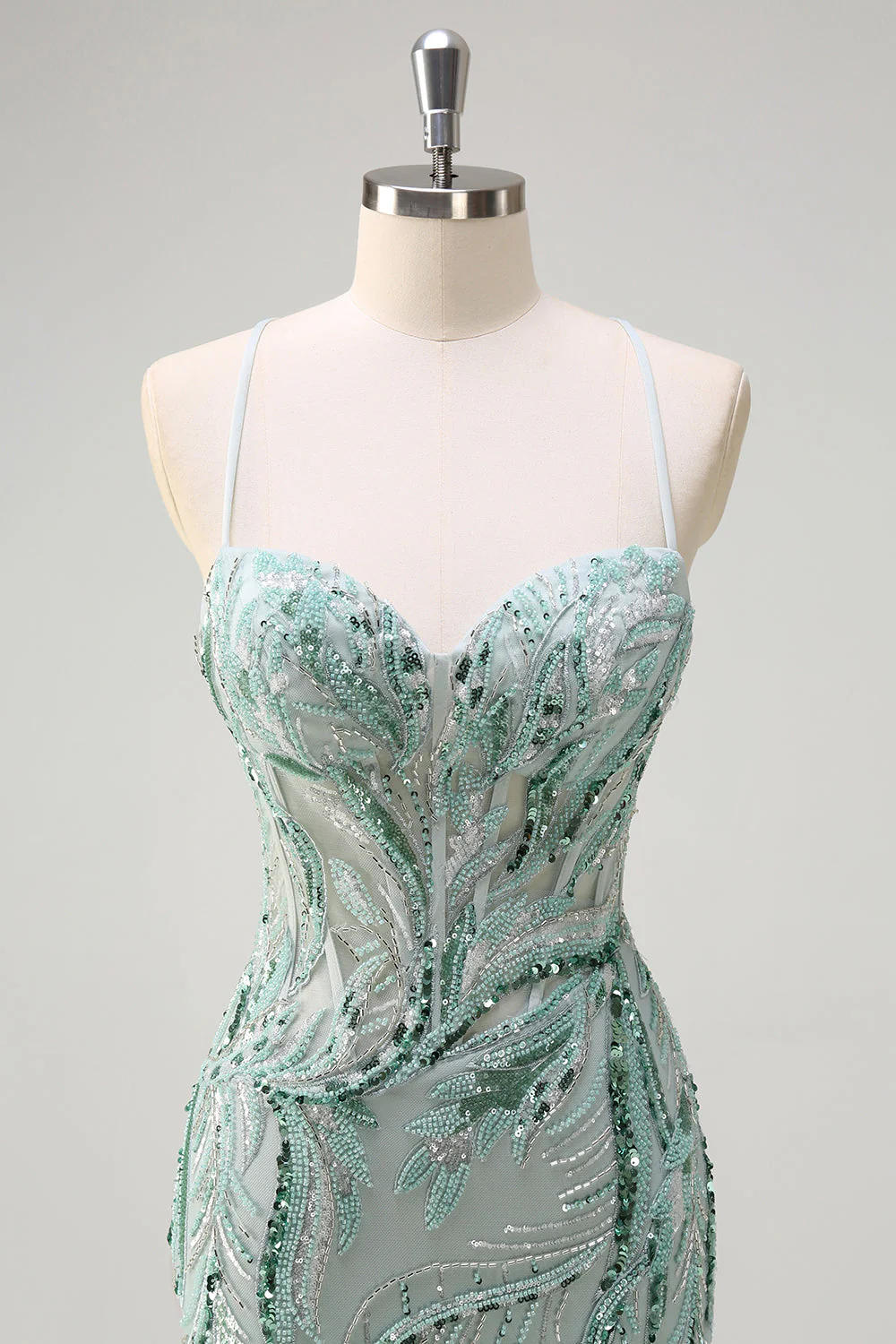 Robe de soirée sirène longue sauge scintillante à paillettes avec bretelles spaghetti et fente - Image 4