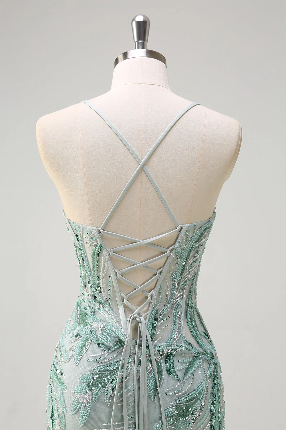 Robe de soirée sirène longue sauge scintillante à paillettes avec bretelles spaghetti et fente - Image 5