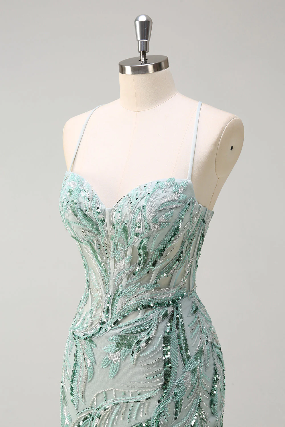 Robe de soirée sirène longue sauge scintillante à paillettes avec bretelles spaghetti et fente - Image 6