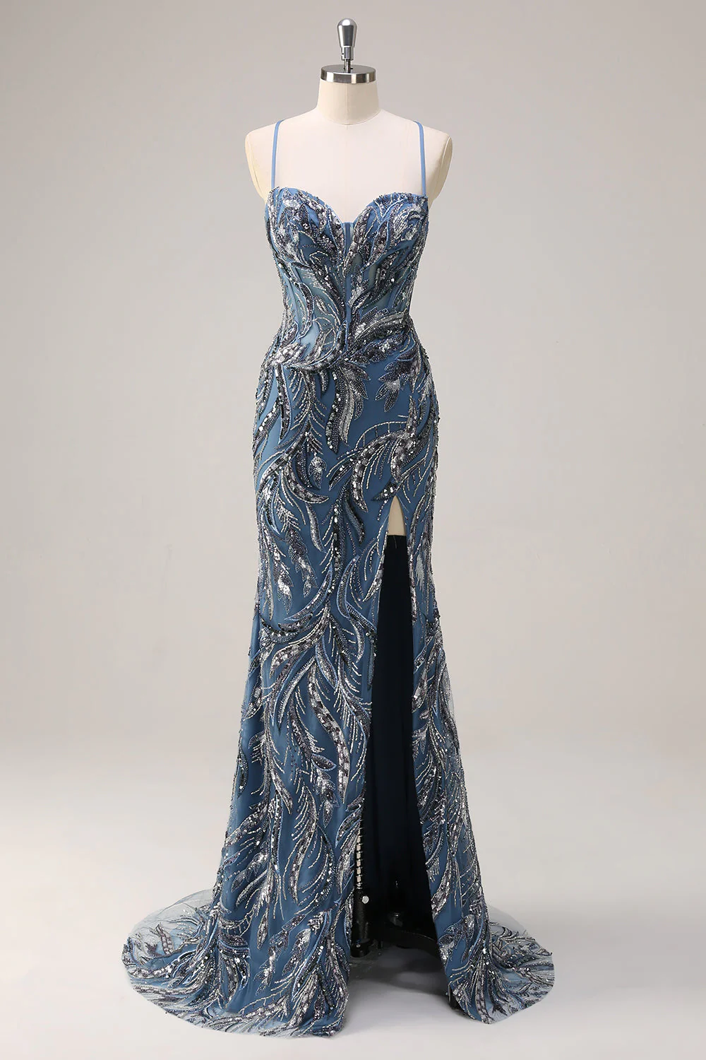 Robe de soirée sirène longue sauge scintillante à paillettes avec bretelles spaghetti et fente - Image 7