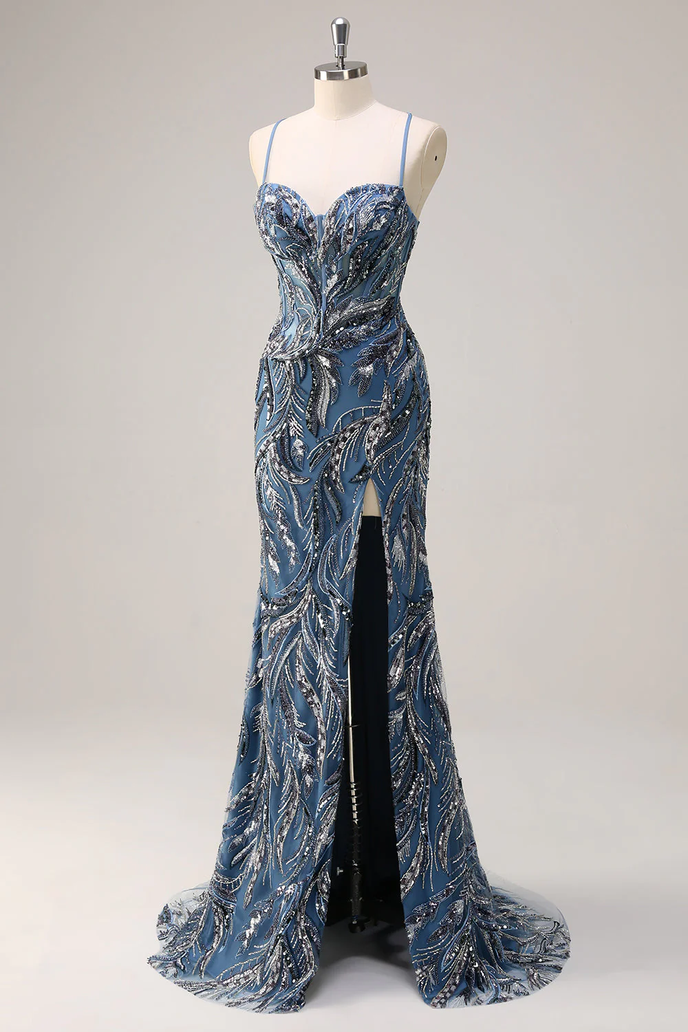 Robe de soirée sirène longue sauge scintillante à paillettes avec bretelles spaghetti et fente - Image 9
