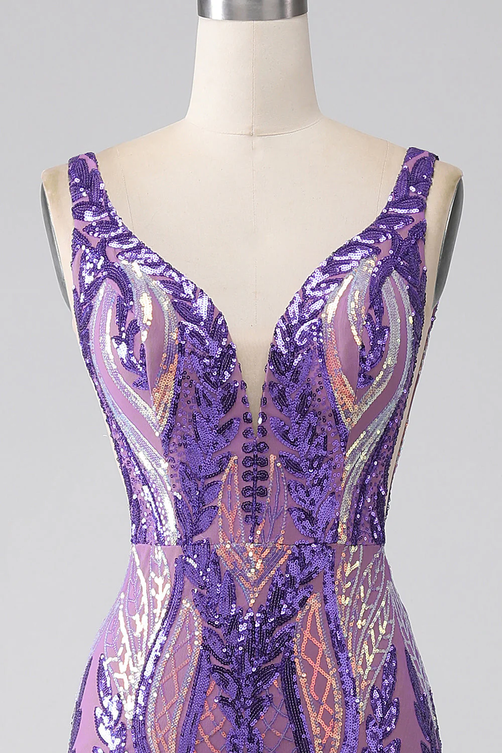 Robe de bal longue à paillettes à col en V sirène violet foncé - Image 4