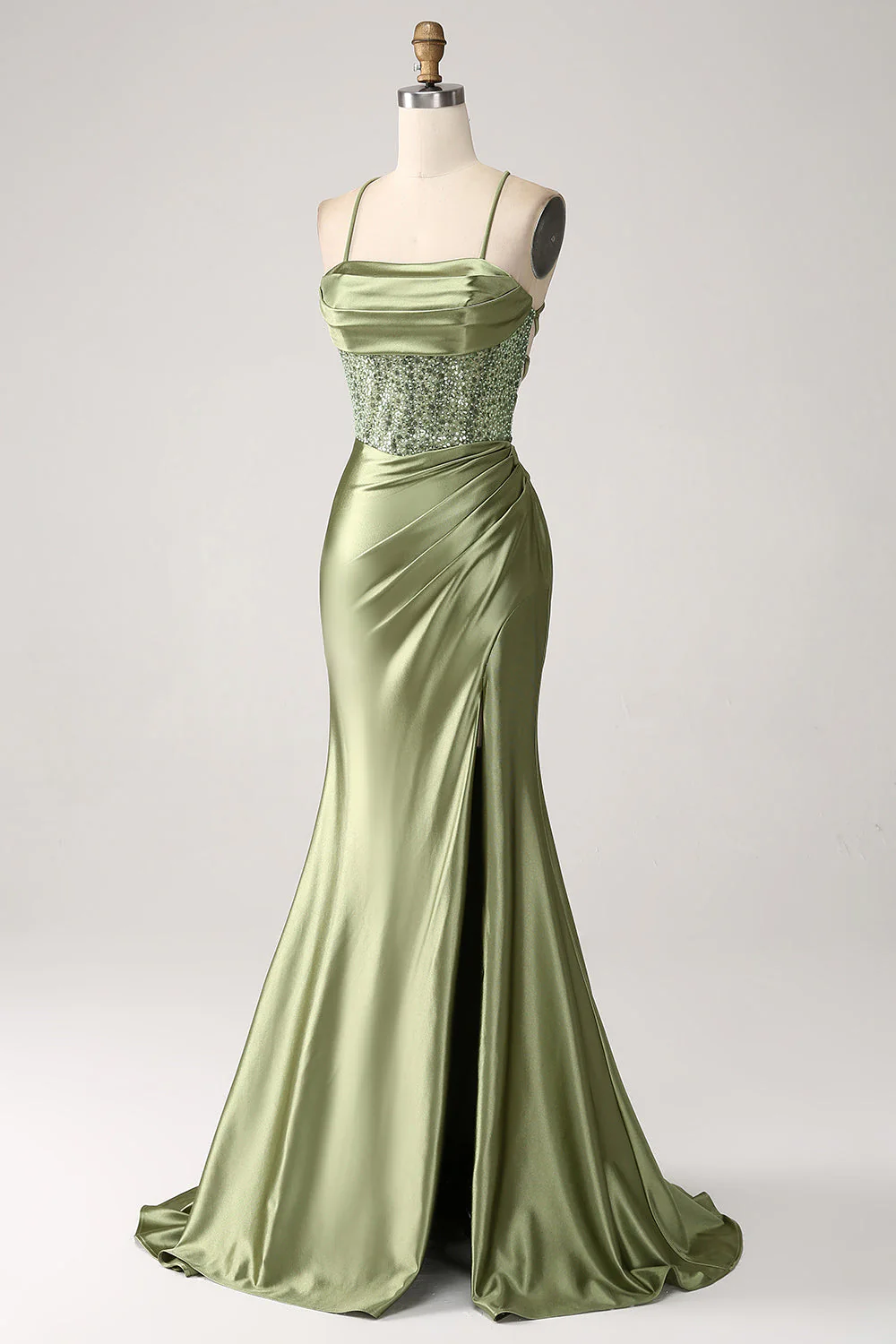 Robe de Soirée longue à paillettes à encolure col bleu sirène vert armée avec fente - Image 3