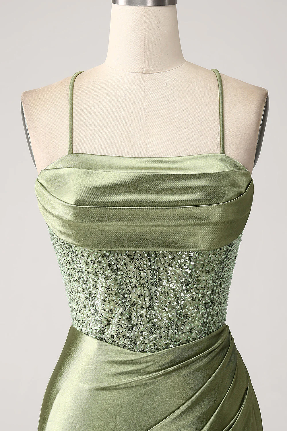 Robe de Soirée longue à paillettes à encolure col bleu sirène vert armée avec fente - Image 4