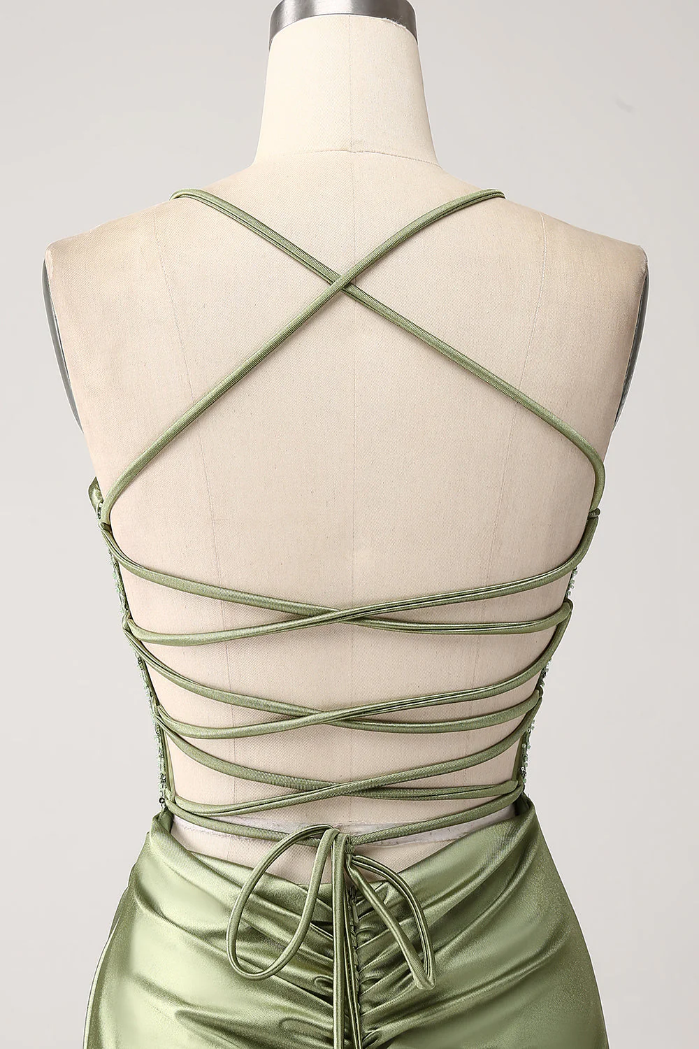 Robe de Soirée longue à paillettes à encolure col bleu sirène vert armée avec fente - Image 5