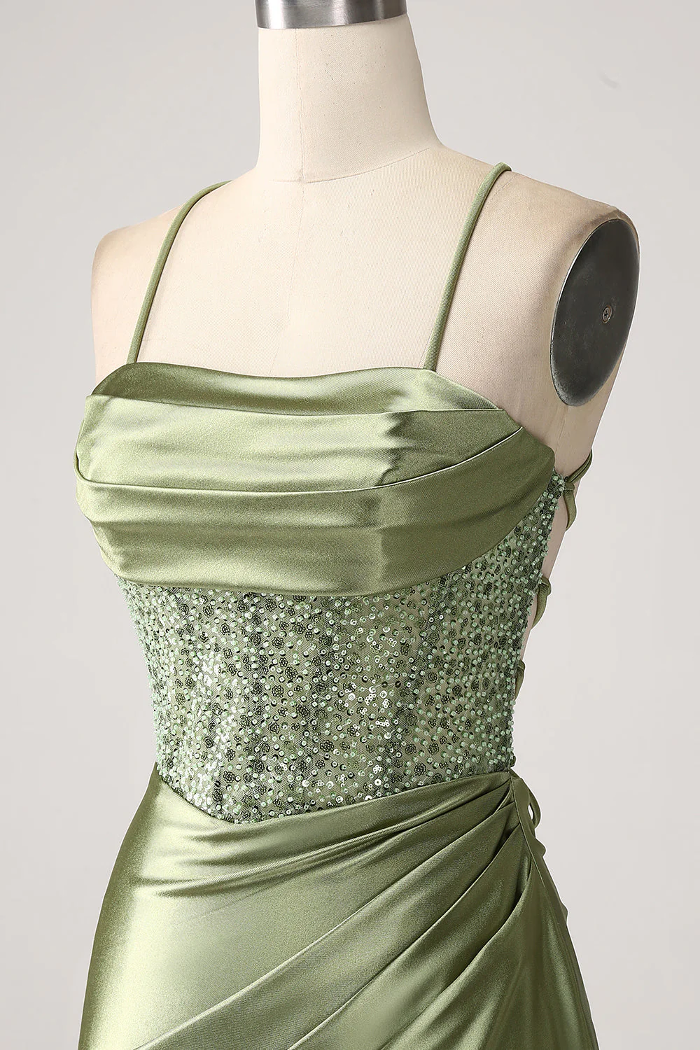 Robe de Soirée longue à paillettes à encolure col bleu sirène vert armée avec fente - Image 6