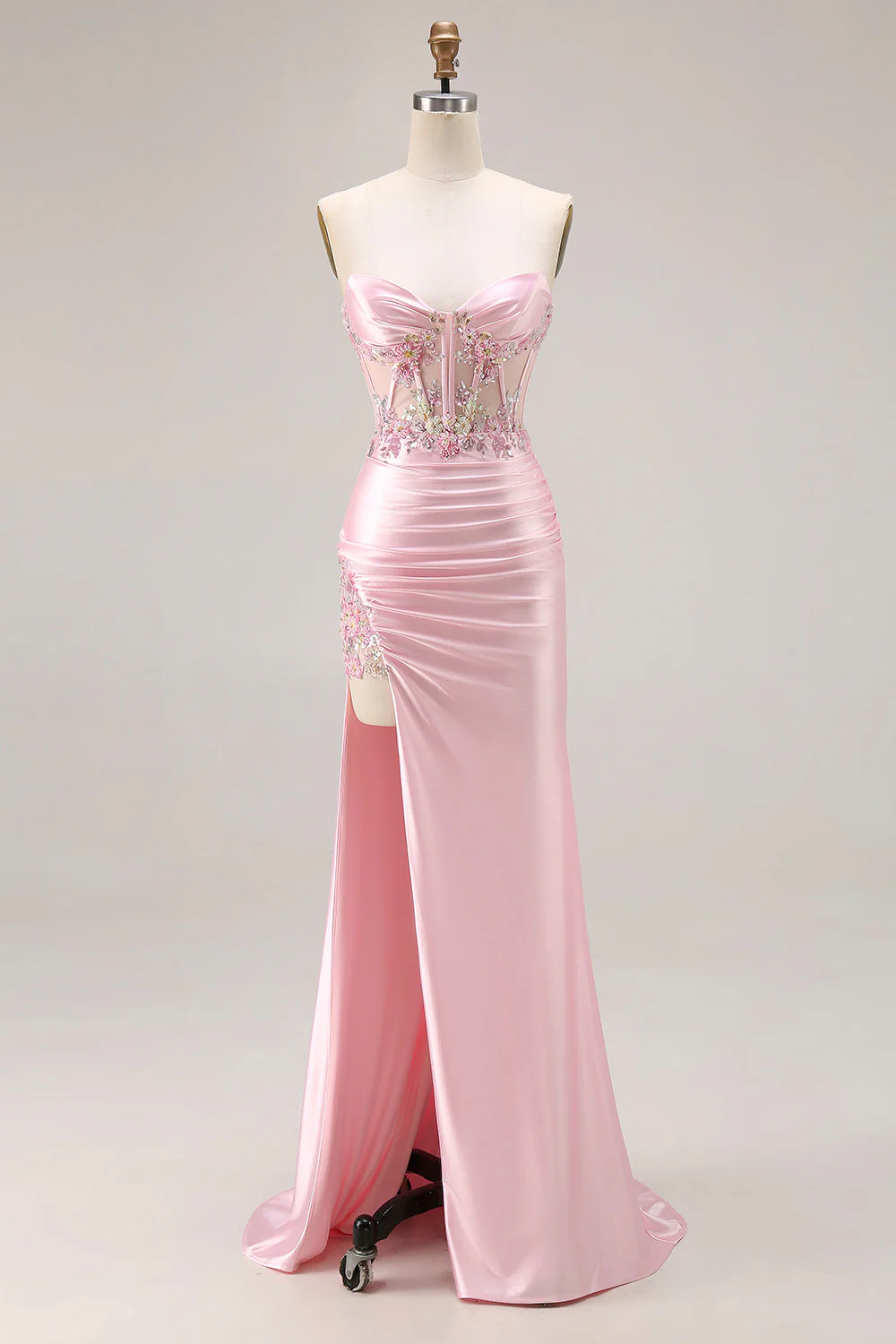 Robe de soirée longue rose à paillettes appliquées avec fente