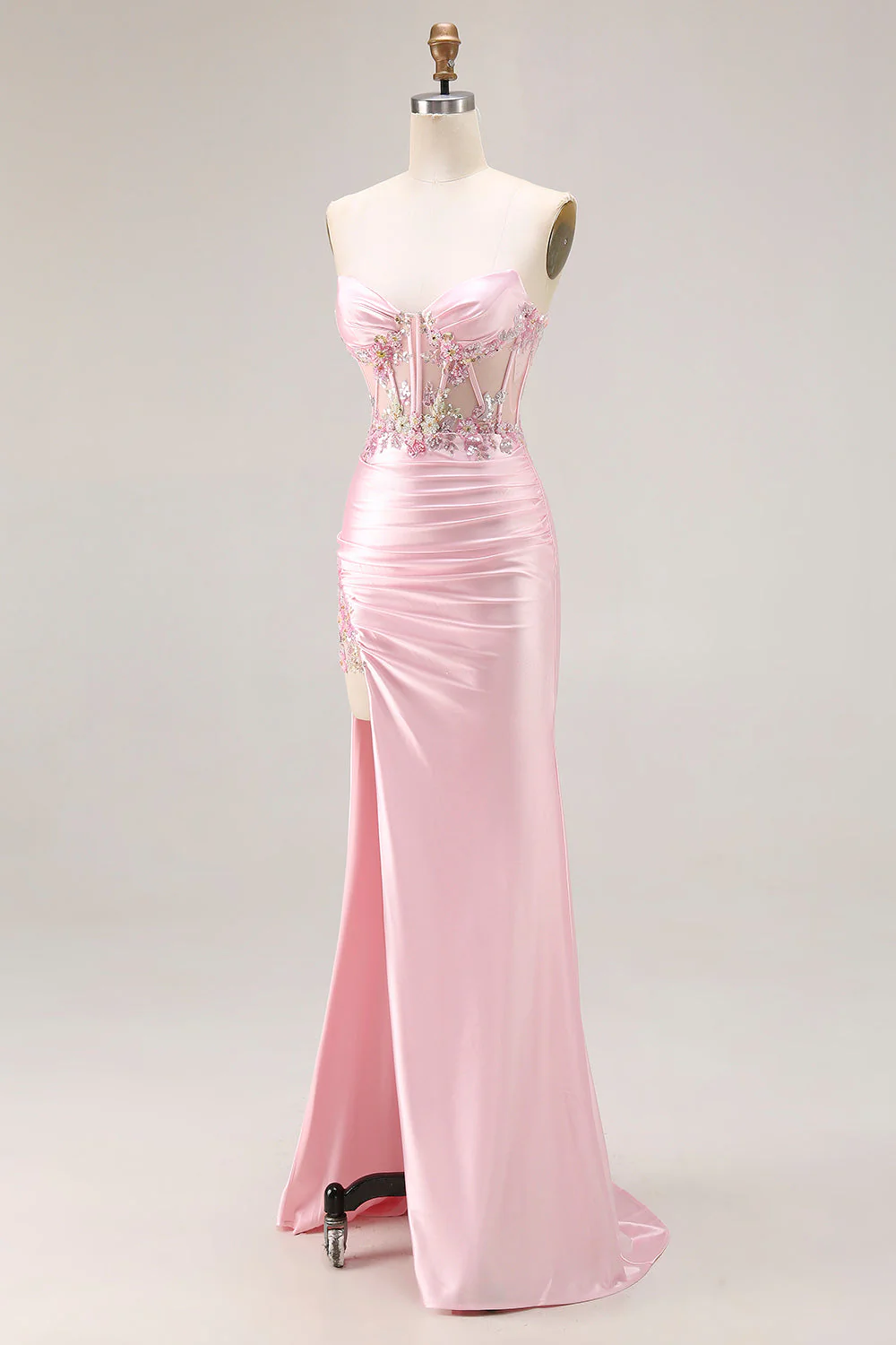 Robe de soirée longue rose à paillettes appliquées avec fente - Image 5
