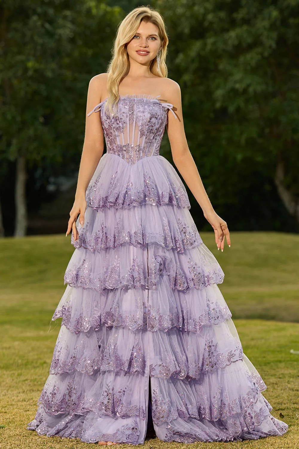 Robe de bal longue à paillettes, corset à fausses à niveaux, corset à hauts rangées à hauts rangés - Image 9