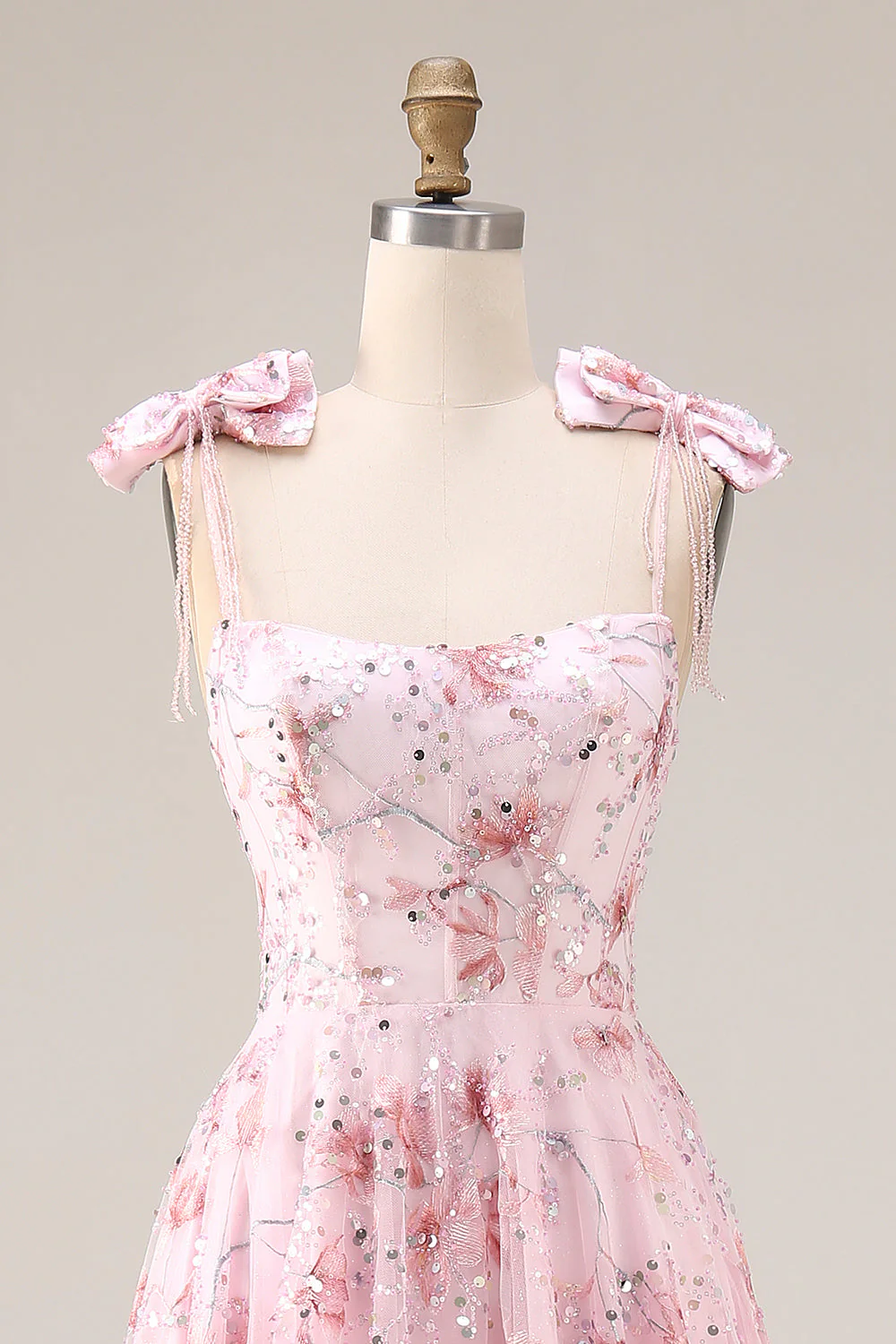 Robe de soirée longue rose scintillante coupe A avec paillettes florales et nœuds - Image 4