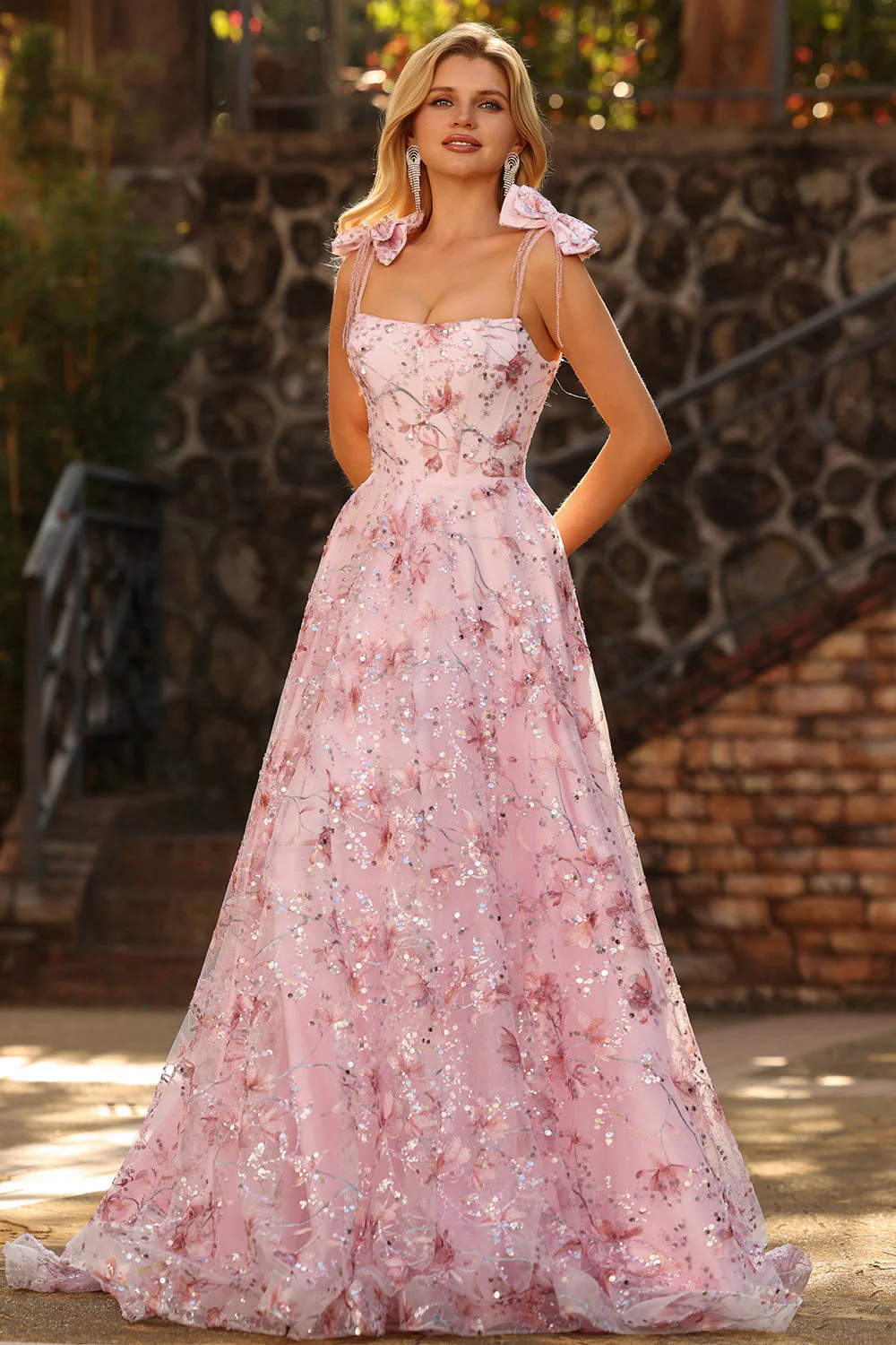 Robe de soirée longue rose scintillante à paillettes florales avec nœuds - Image 6