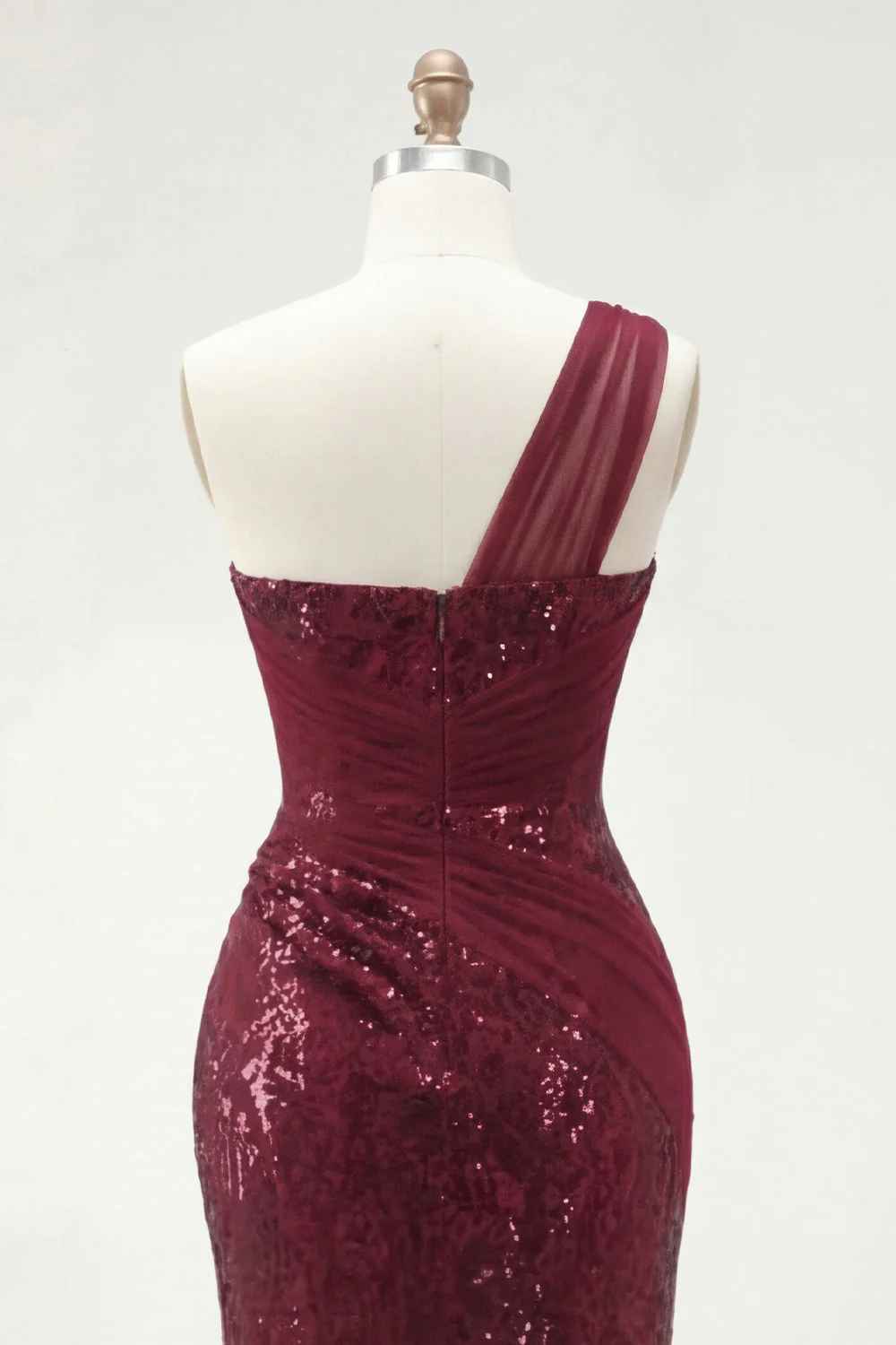 Robe de bal longue à paillettes sirène bourgogne à une épaule et fendue - Image 6
