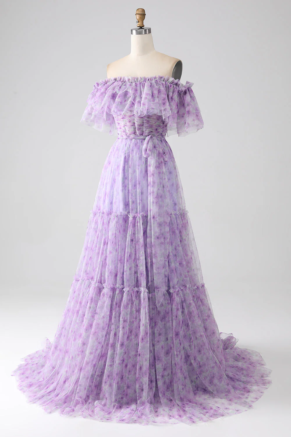 Robe de soirée longue à volants à épaules dénudées à fleurs lilas - Image 3