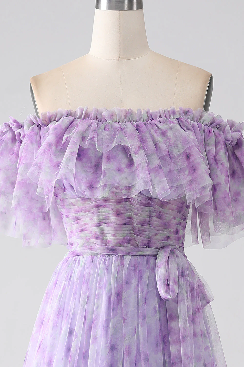 Robe de soirée longue à volants à épaules dénudées à fleurs lilas - Image 4
