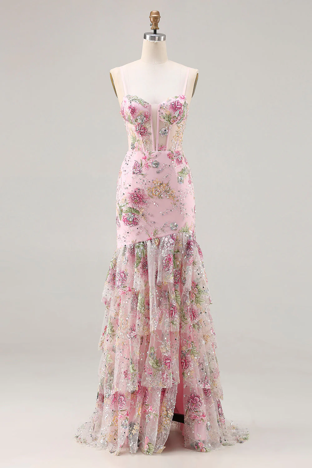 Robe de bal longue à volants à volants à étages en sirène rose et paillettes