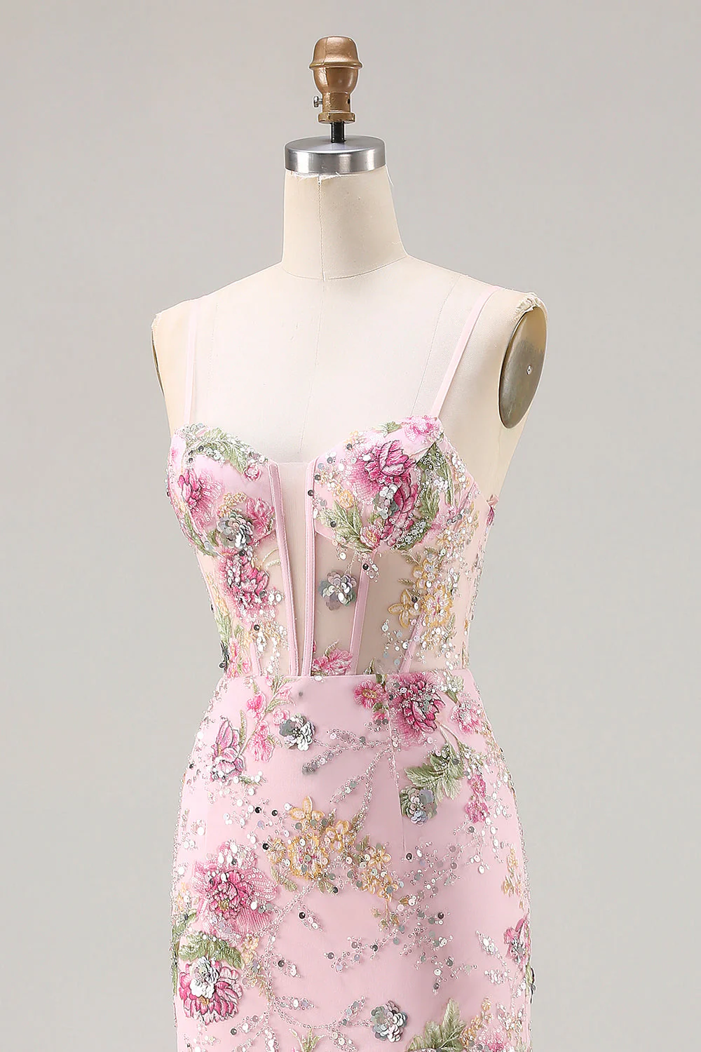 Robe de bal longue à volants à volants à étages en sirène rose et paillettes - Image 6