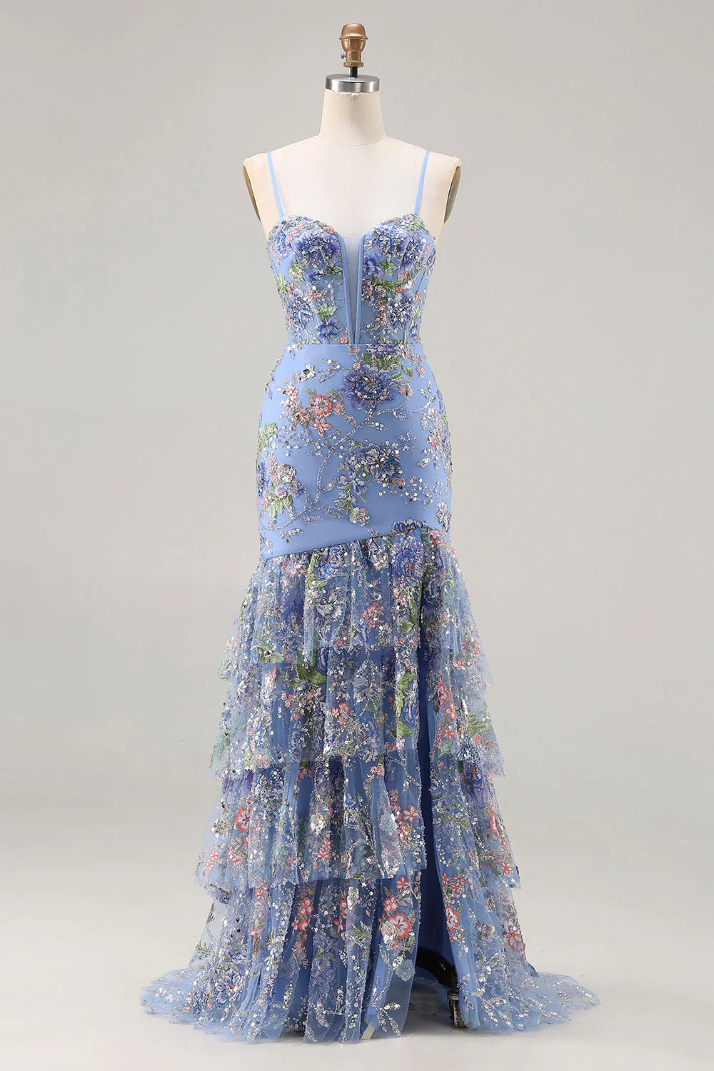 Robe de bal longue à volants à volants à étages en sirène rose et paillettes - Image 7