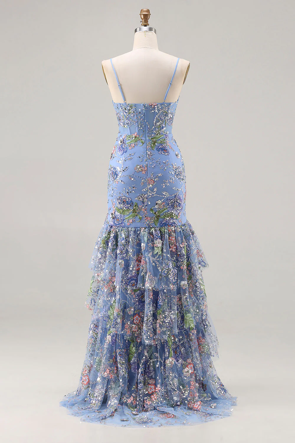 Robe de bal longue à volants à volants à étages en sirène rose et paillettes - Image 8
