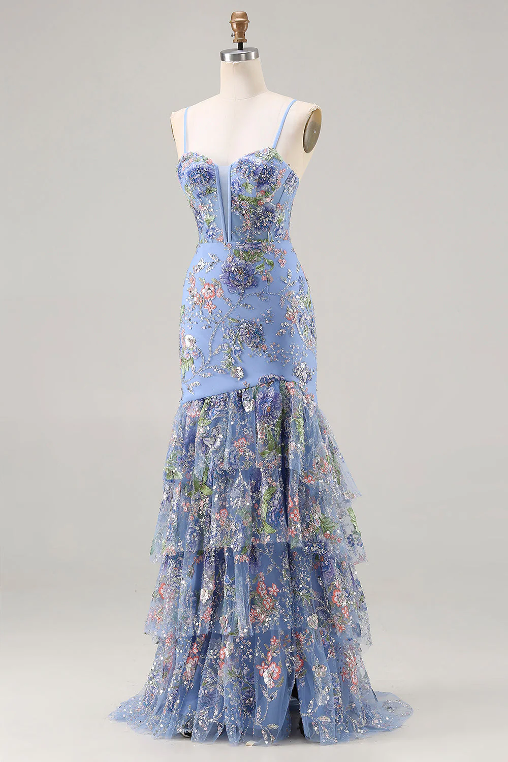 Robe de bal longue à volants à volants à étages en sirène rose et paillettes - Image 9