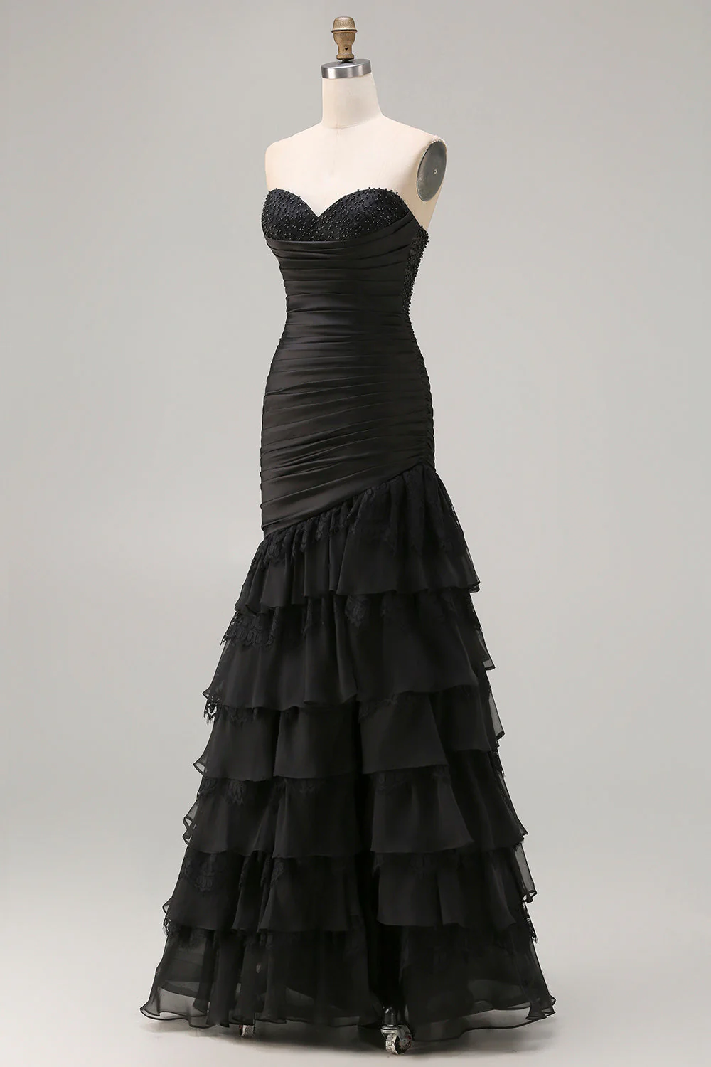 Robe de bal longue à volants à volants sirène noire avec fente - Image 9