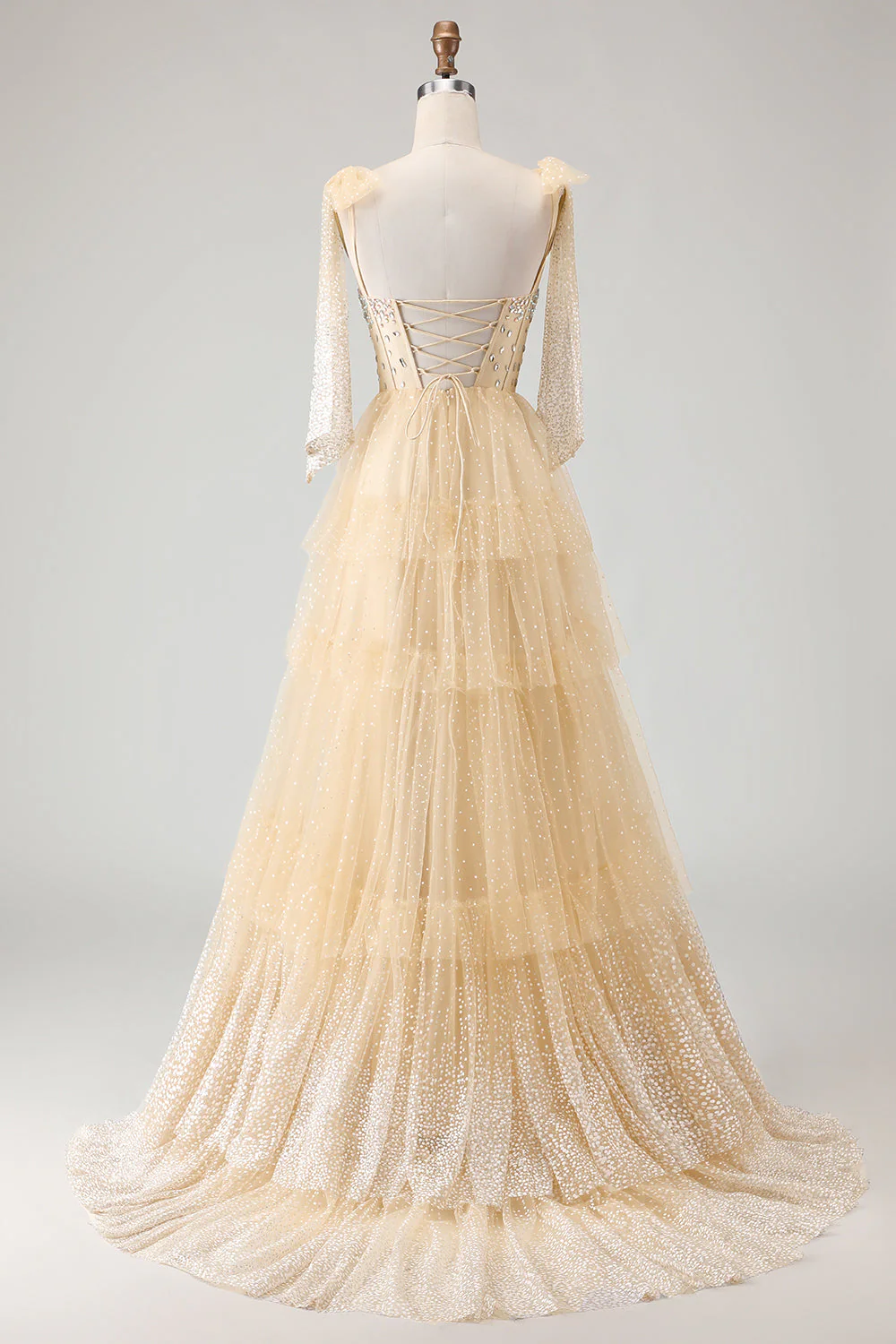 Robe de bal longue à volants avec corset perlé Abricot A et dentelle dans le dos - Image 2