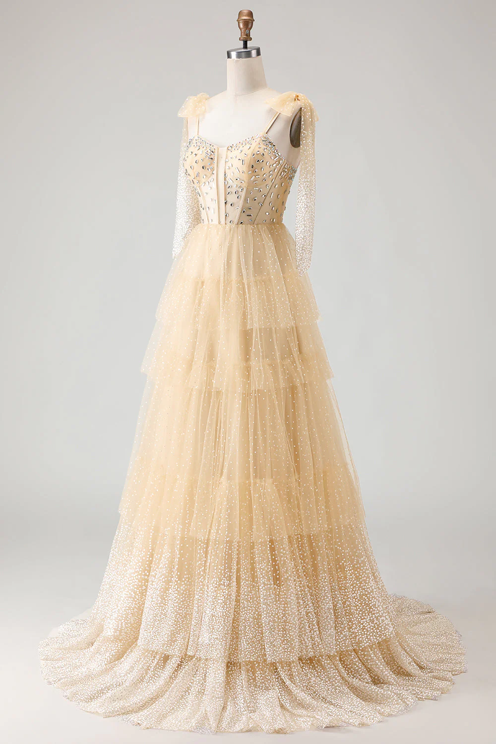 Robe de bal longue à volants avec corset perlé Abricot A et dentelle dans le dos - Image 3