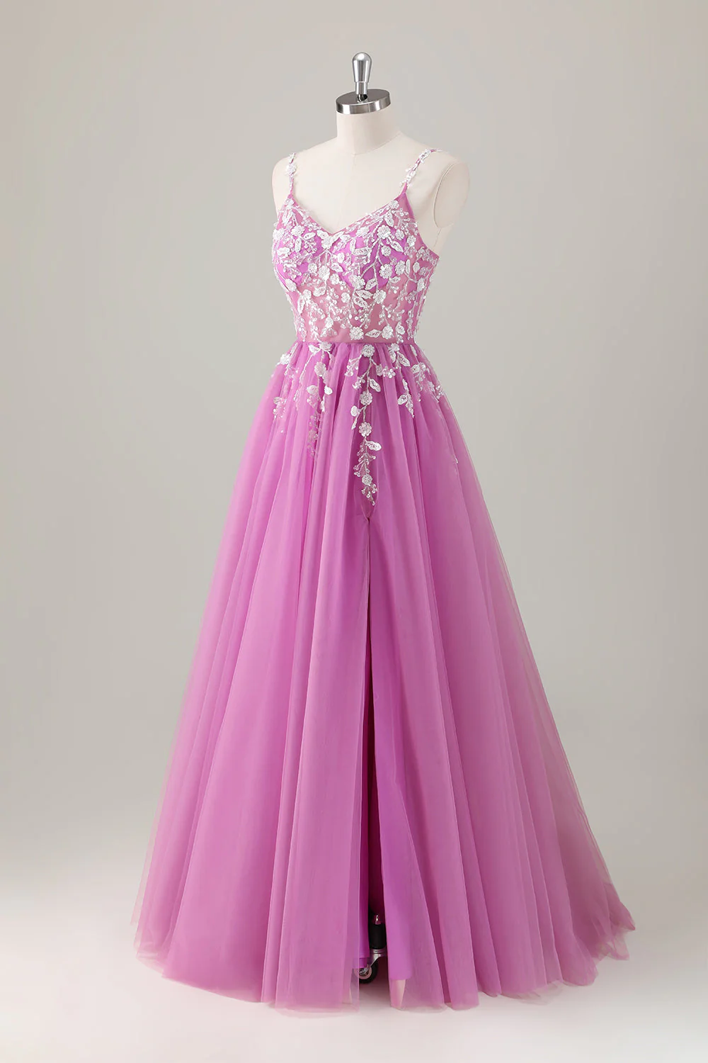 Robe de soirée longue appliquée violet trapèze scintillant avec fente - Image 3