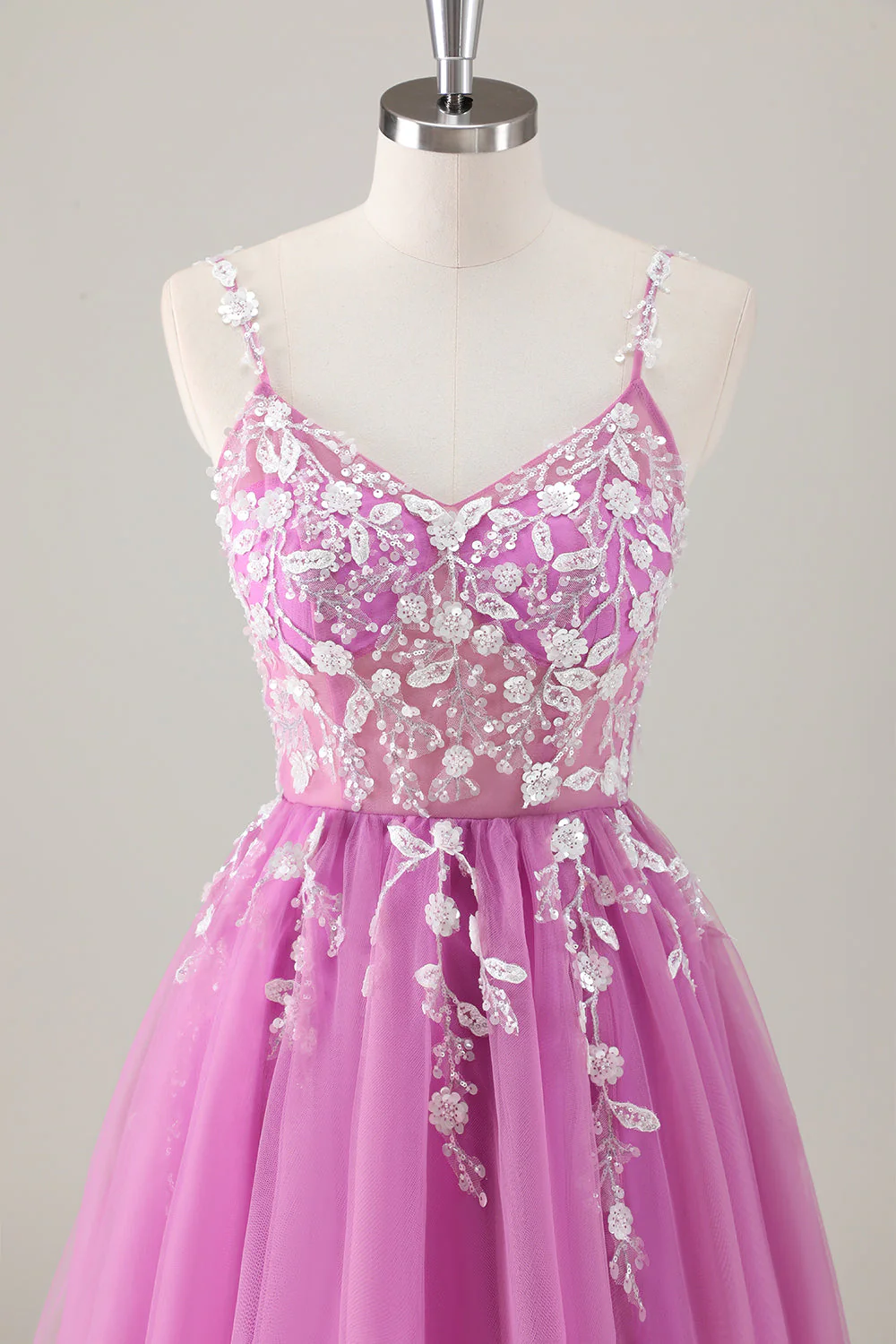 Robe de soirée longue appliquée violet trapèze scintillant avec fente - Image 4