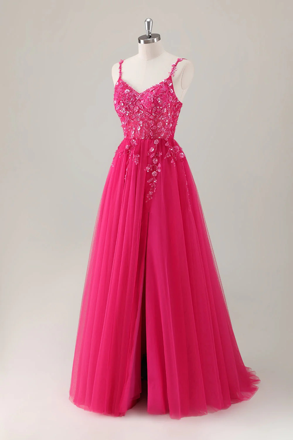Robe de soirée longue appliquée violet trapèze scintillant avec fente - Image 9