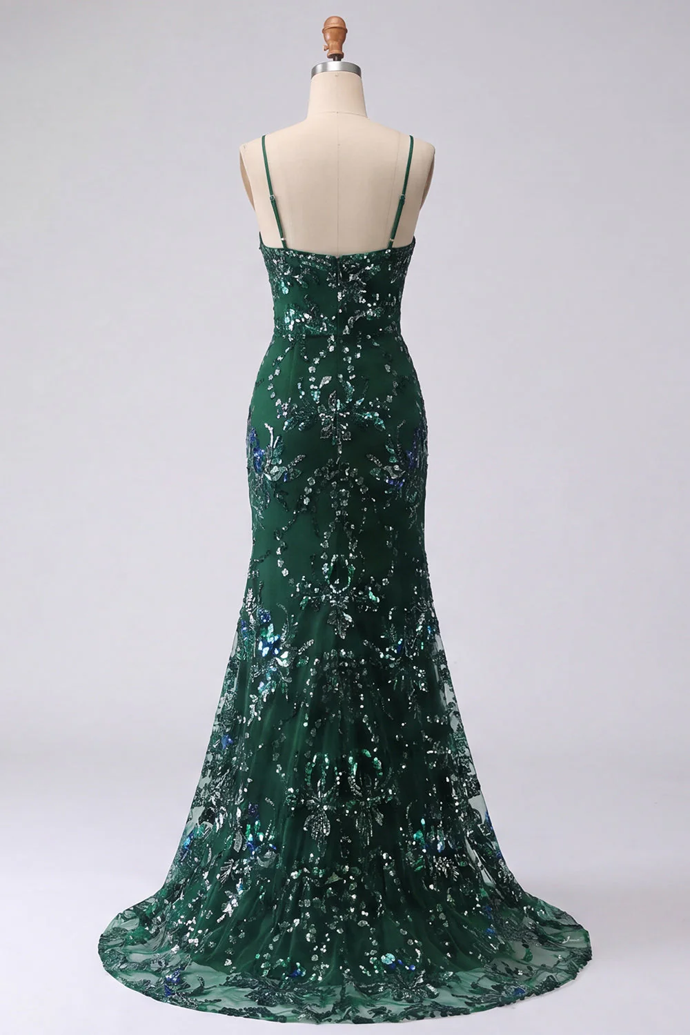 Robe de bal longue avec des bretelles en sirène vert foncé scintillantes et paillettes - Image 2